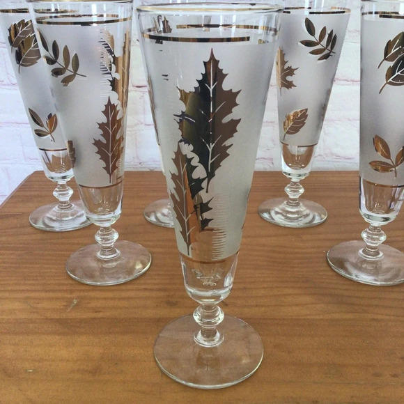 Vintage Libbey Frosted Golden Foliage Pilsner Beer Wine Glasses - Set of 6 - Picture 6 of 8